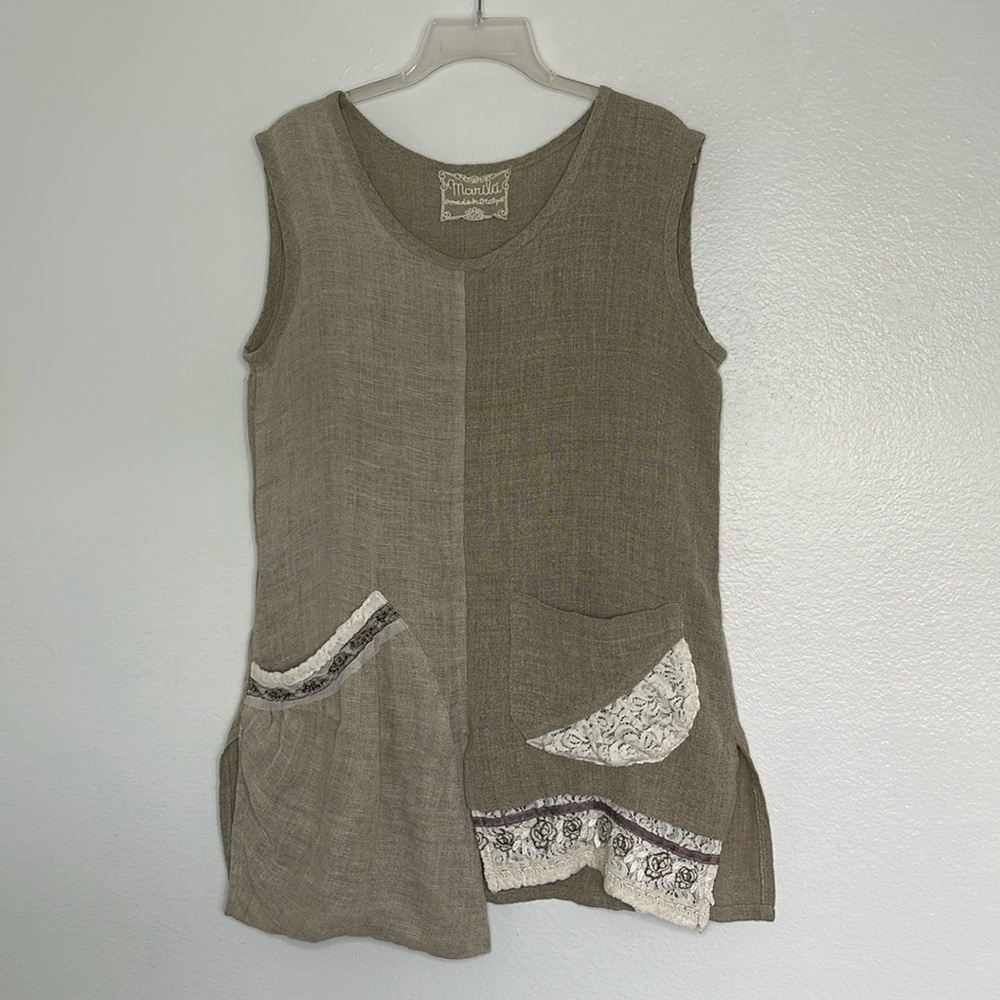 Marilu Made In Italy Linen Gauze Sleeveless Asymmetric Lace Detail Tunic Medium
